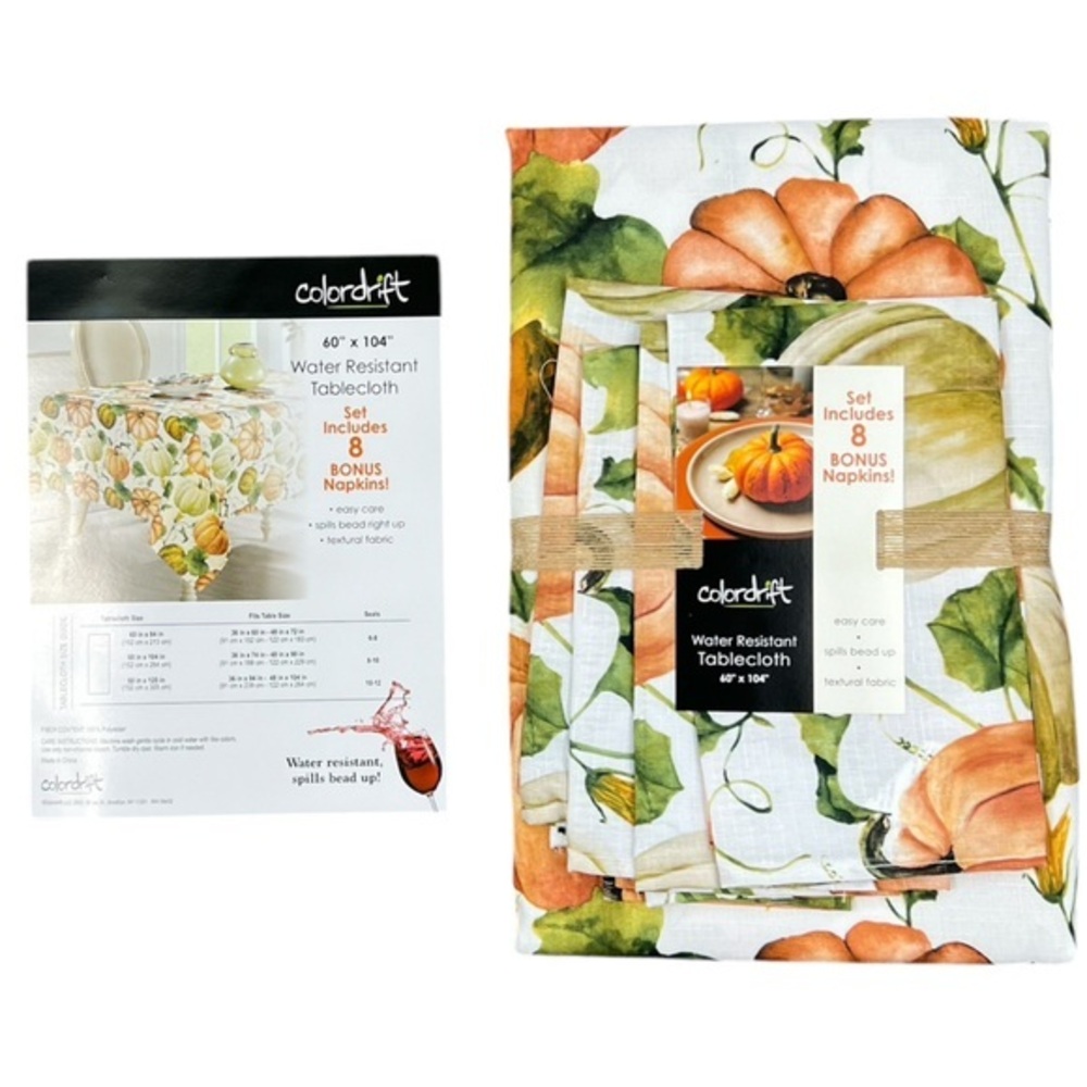 Colordrift - ‘Fall Harvest’ tablecloth (60” x 104”) & napkins (8). NWT Firm!
